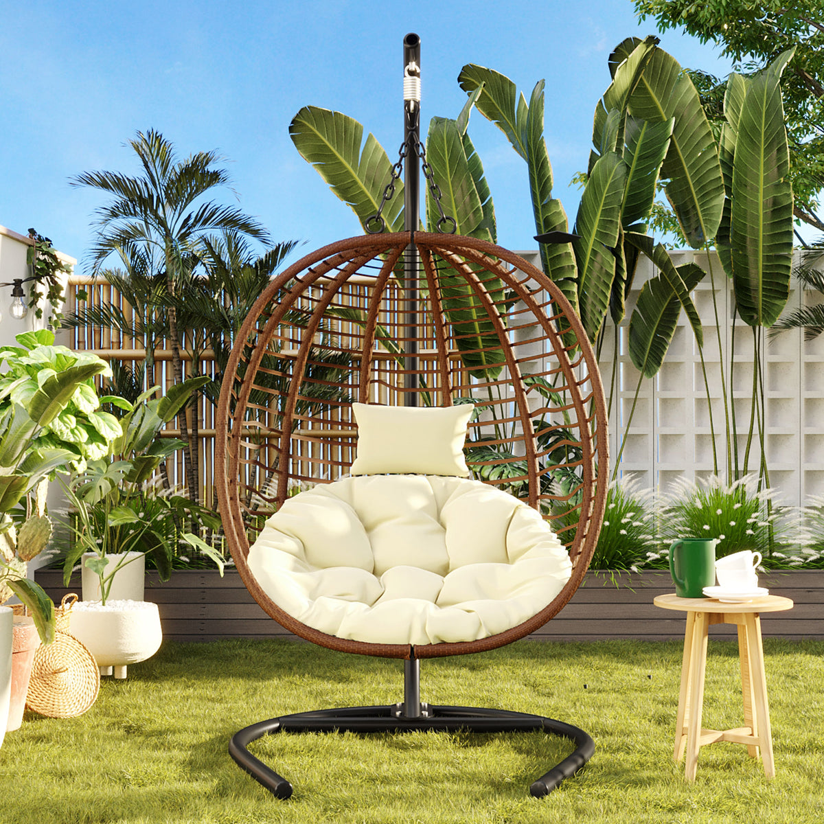 variant-group:rf-n711p389503k|Roomfitters Single Person Folding Egg Chair with Stand, UV Resistant Wicker Rattan Swing for Patio, Garden, Brown+Beige