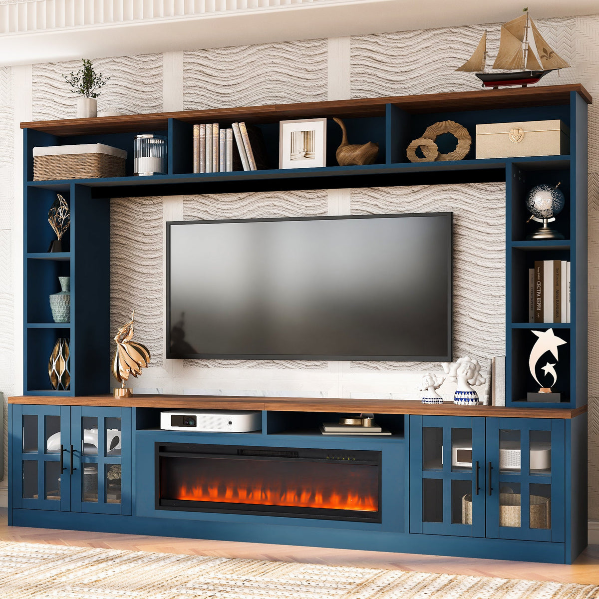 Roomfitters 95.5"W Large Wall Unit Entertainment Center, 39" LED Fireplace, Navy Blue Roomfitters