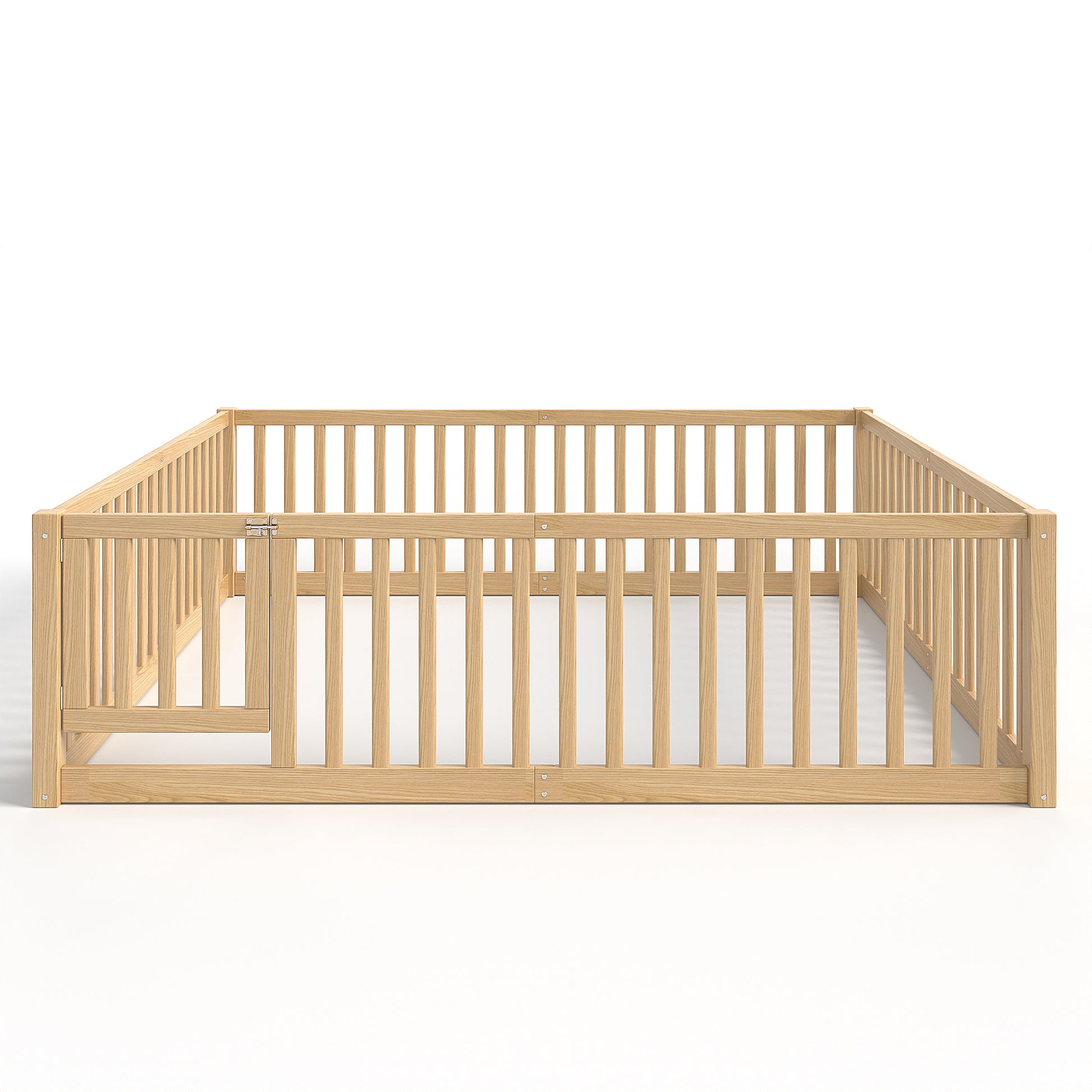 variant-group:rf-w1580p417673|Roomfitters Queen Size Wooden Floor Bed with Safety Guardrails Door, Solid Wood Low Profile Toddler Bed Frame, Natural