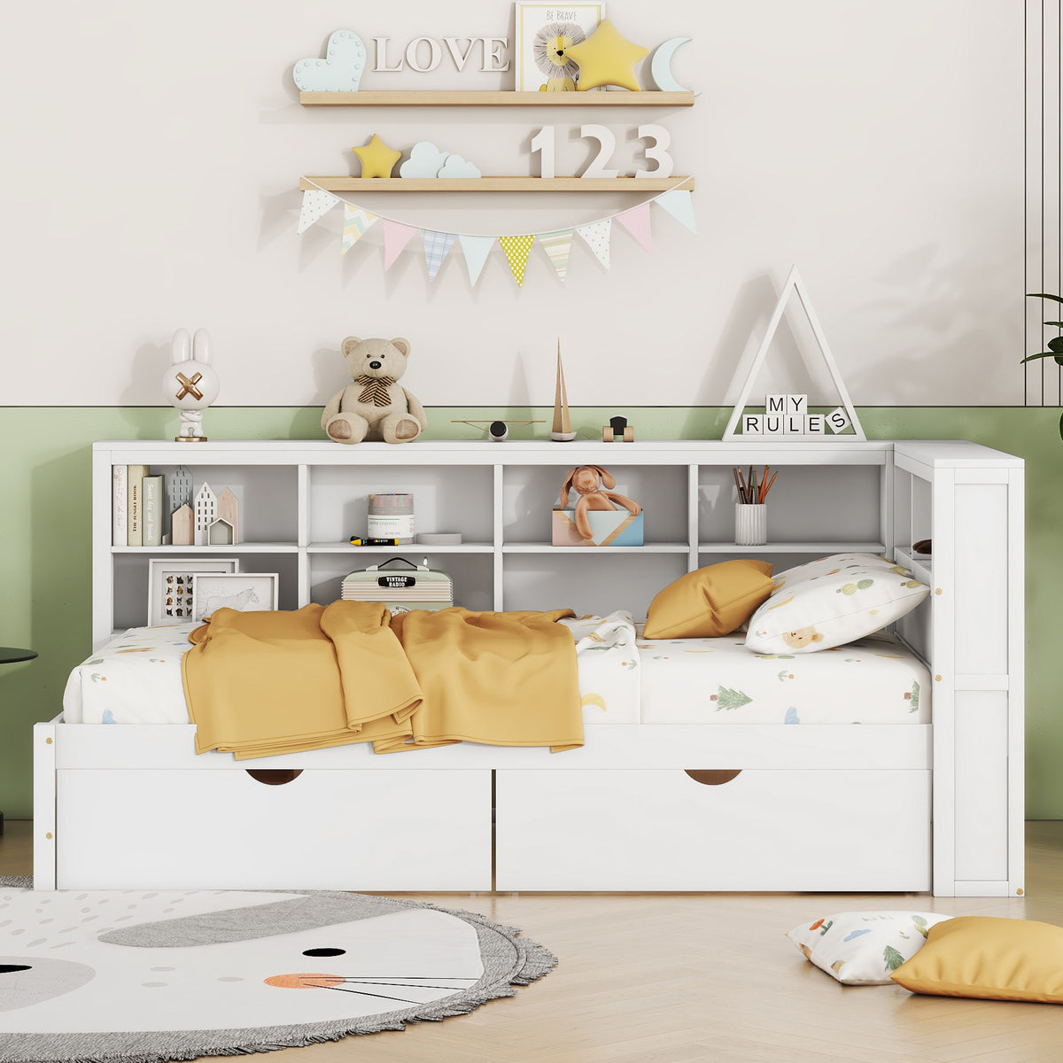 variant-group:rf-n733s347768k|Roomfitters Wooden Twin Daybed with Underbed Storage, Built-In Shelf & USB Charging Ports, White