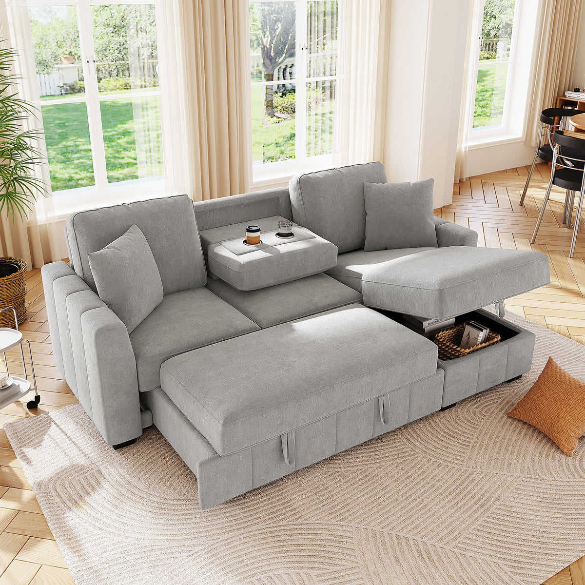 variant-group:rf-n711wy000467aae|Roomfitters 90" L-Shaped Sectional Sleeper Sofa with Storage Chaise and Pull Out Bed, Fold Down Cup Holder Table, Grey