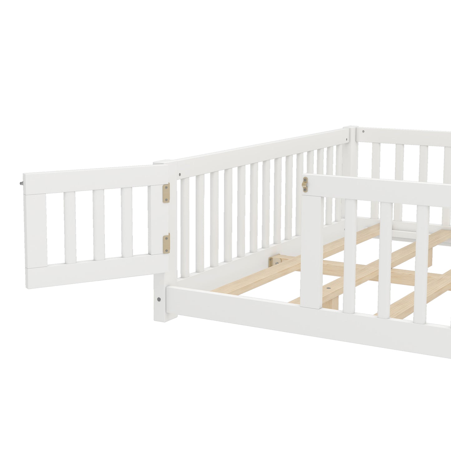 variant-group:rf-w1580p338953|Roomfitters Wooden Queen Floor Bed Frame with Door & Safety Guardrails, Low Platform Design for Bedroom or Playroom, White