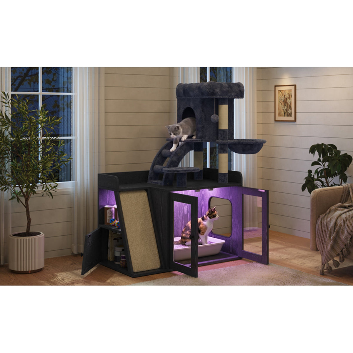Roomfitters Modular Litter Box Enclosure with Built-In Cat Tree Tower Sisal Scratching Board and LED Light Black Roomfitters