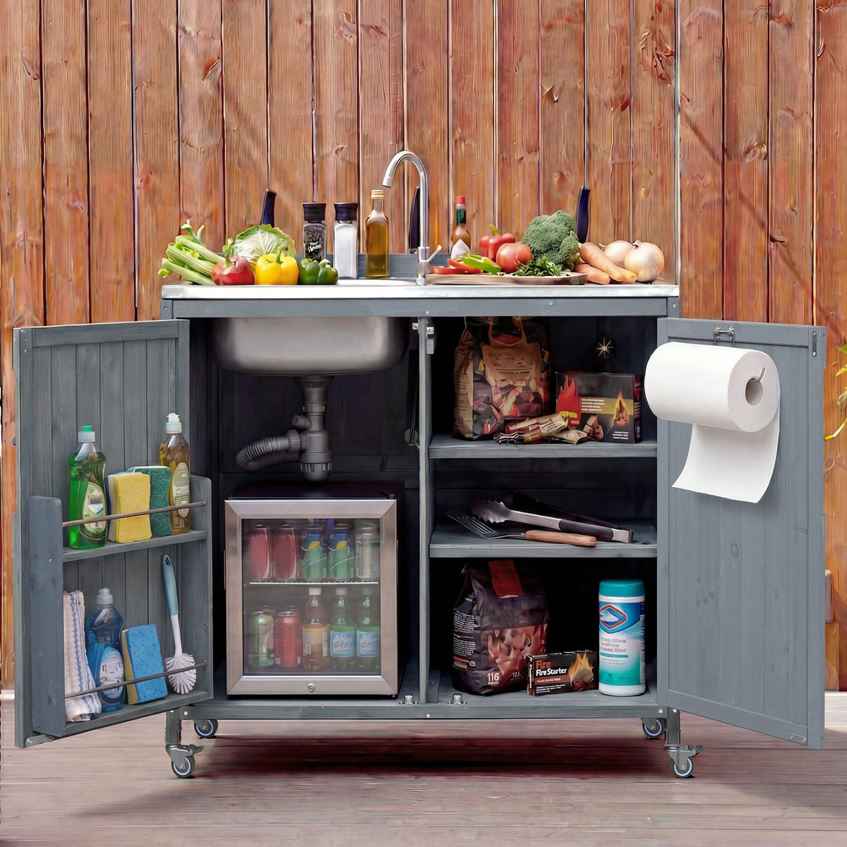 variant-group:rf-n707p370281g|Roomfitters 39.4" Outdoor Grill Cart with Stainless Steel Top, Prep Station with Sink and Storage Cabinet, Grey+Blue