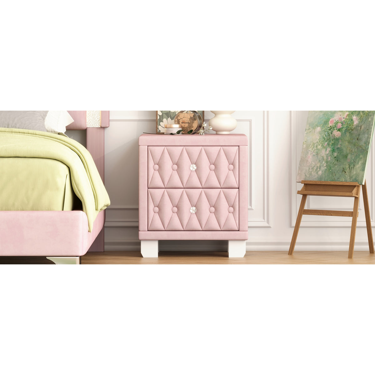 variant-group:rf-n733p210398h|Roomfitters Velvet Nightstand with Crystal Handles, Button-Tufted Upholstered Bedside Table with Two Storage Compartments, Pink
