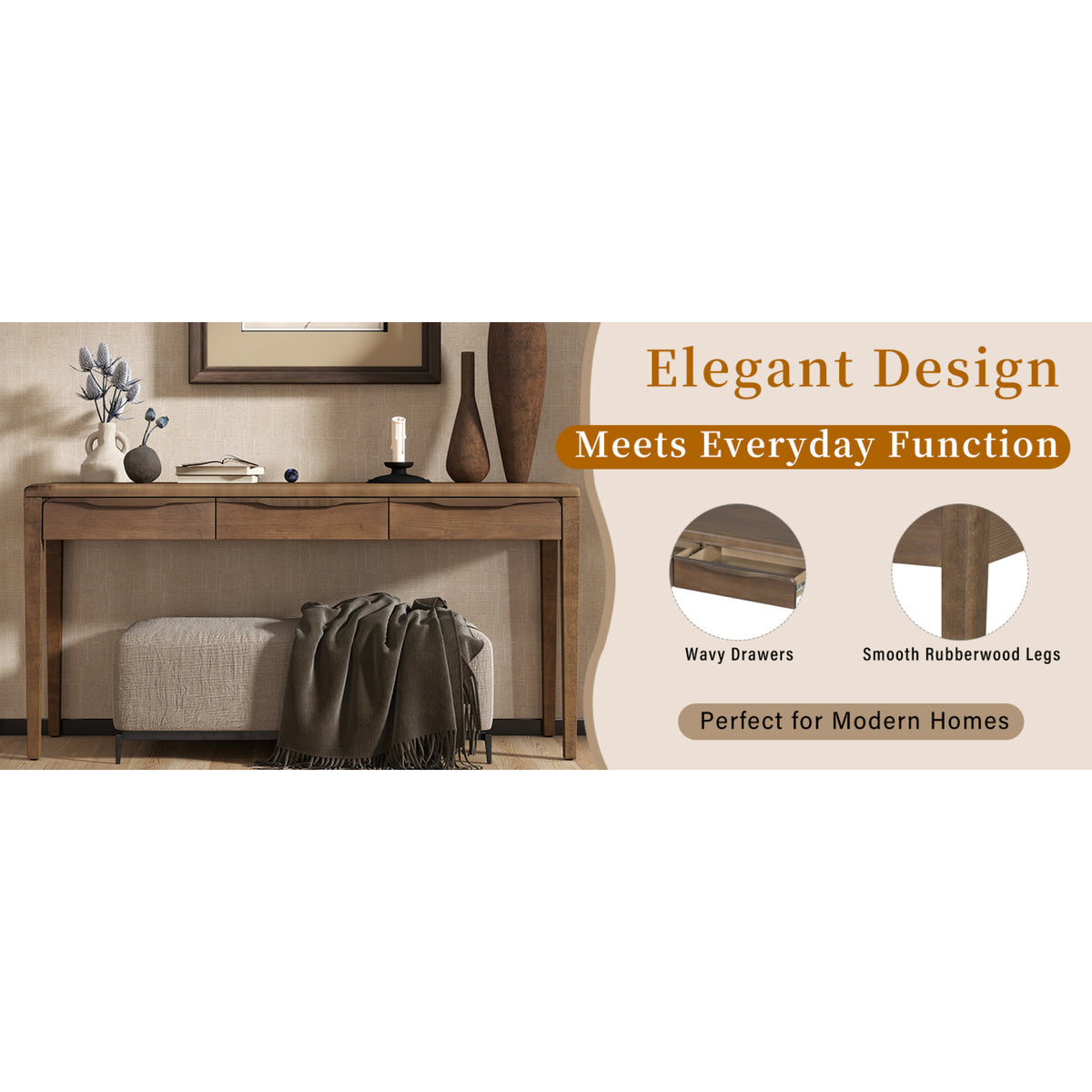 variant-group:rf-n711p401926d|Roomfitters Light Luxury Brown Oak Veneer Console Table with 3 Wavy Curved Drawers and Soft Rounded Corners
