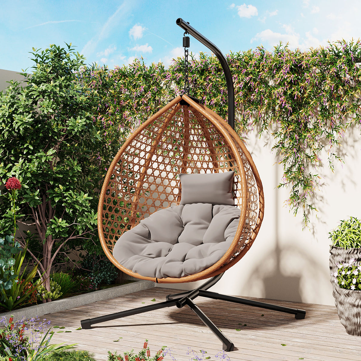 variant-group:rf-n711p255131s|Roomfitters Hanging Egg Chair with Stand, Rattan Wicker Swing Chair with Cushion for Indoor Outdoor Patio Balcony, Brown