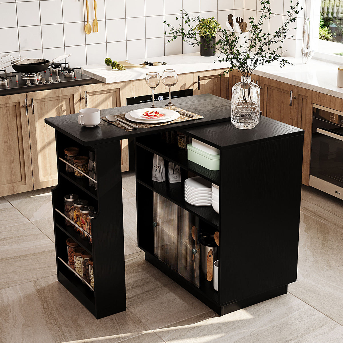 variant-group:rf-n711p437809b|Roomfitters Black MDF Counter Height Kitchen Island Sideboard Cabinet, Extendable Table, Acrylic Sliding Doors
