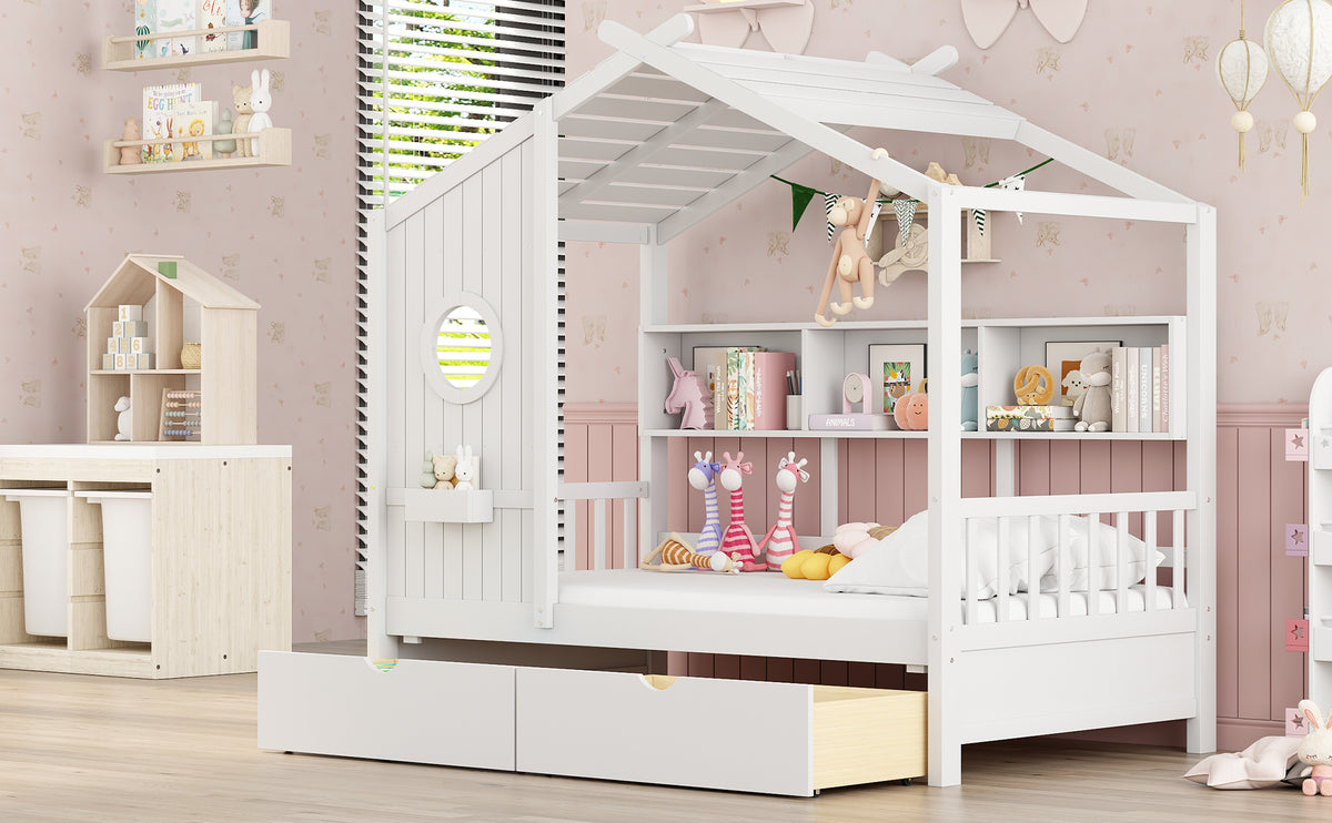 variant-group:rf-n733s308483k|Roomfitters Wooden Twin Size House Bed with 2 Drawers and Storage Shelf, White