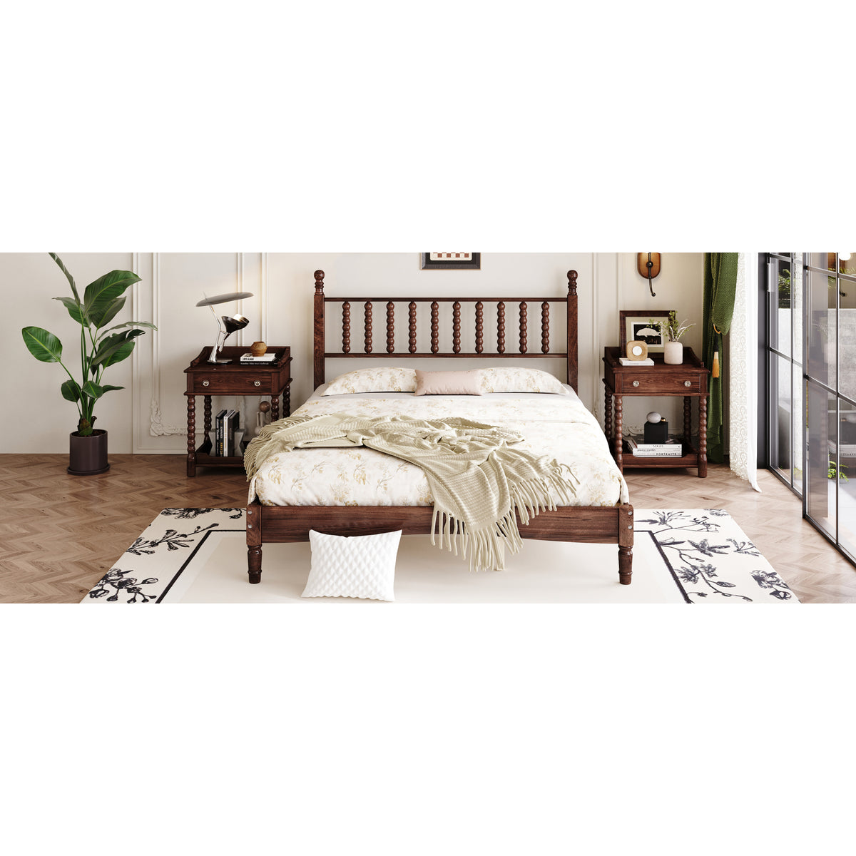 variant-group:rf-n733p206242d|Roomfitters Queen Size Wood Platform Bed with Gourd Shaped Headboard, Retro Style Platform Bed with Wooden Slat Support, Walnut