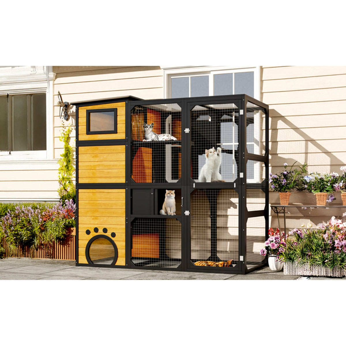Roomfitters Large Outdoor Cat Catio Enclosure Weatherproof Attached to Window Multi-Tier Cat House Brown Roomfitters