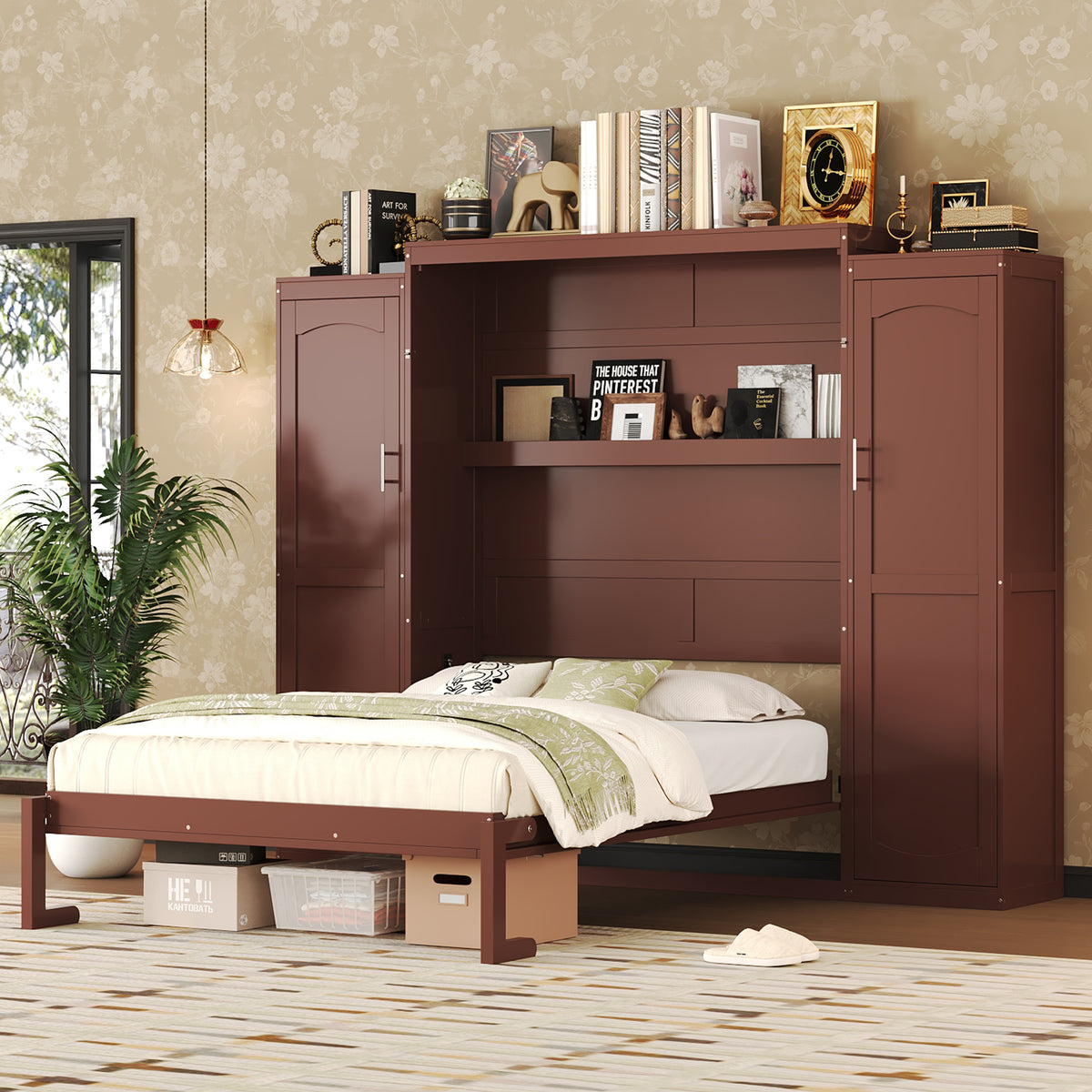 variant-group:rf-n733s235596d|Roomfitters Full Murphy Wall Bed with Two Wardrobes and Storage Shelf, Foldable Platform Bed Frame for Guest Room, Walnut