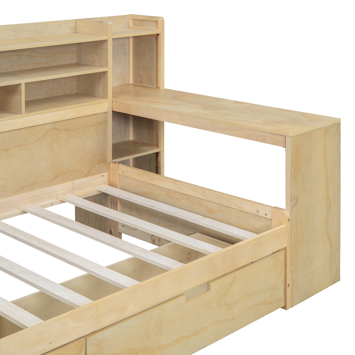 variant-group:rf-n733s241484m|Roomfitters Wooden Twin Size Daybed with Storage Shelves, Multi-functional Bed with Two Storage Compartments and Study Desk, Natural