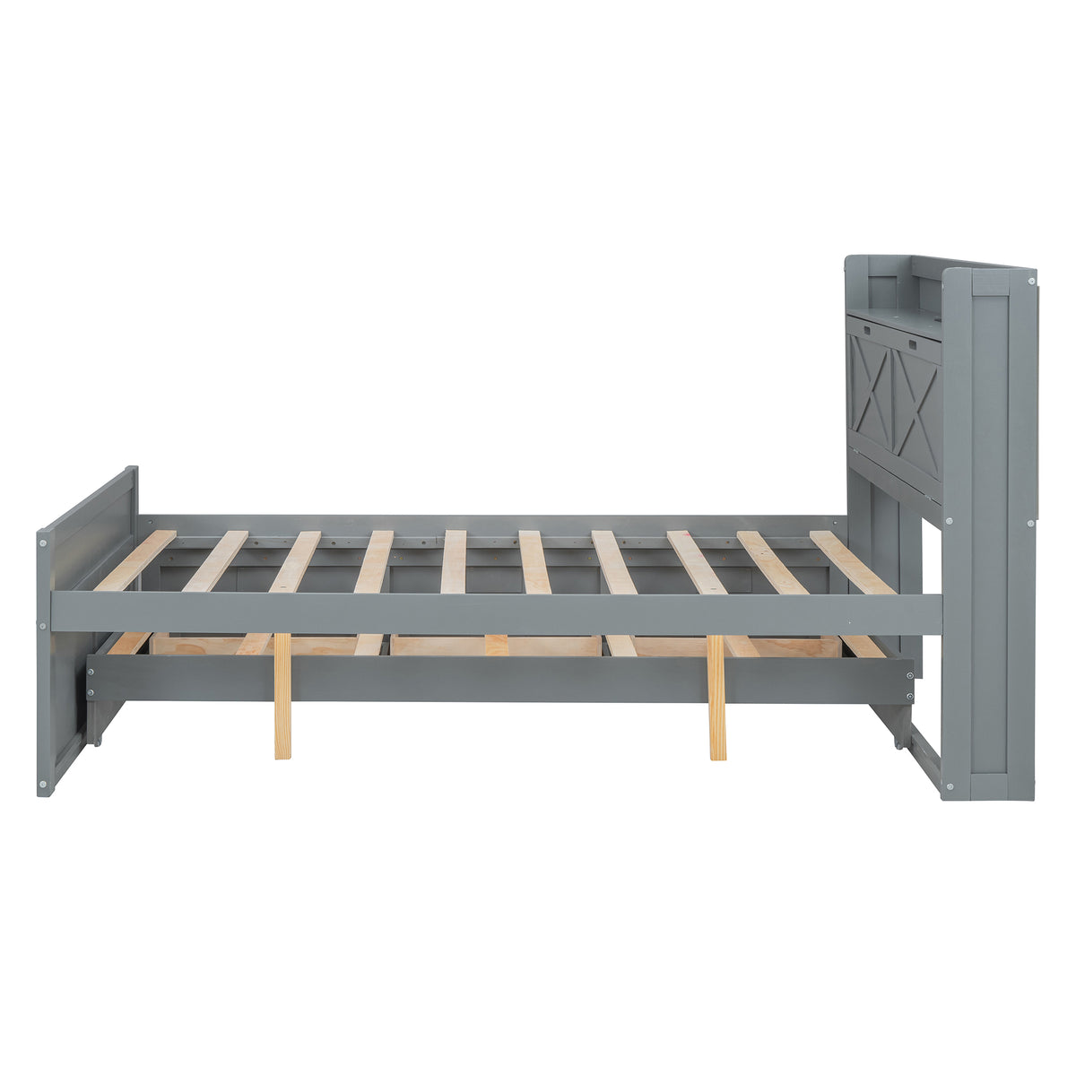 variant-group:rf-n733s172712e|Roomfitters Full Size Wooden Bed with Storage Headboard, Built-In Outlets, Extendable Design with Twin Trundle and Practical Storage, Gray