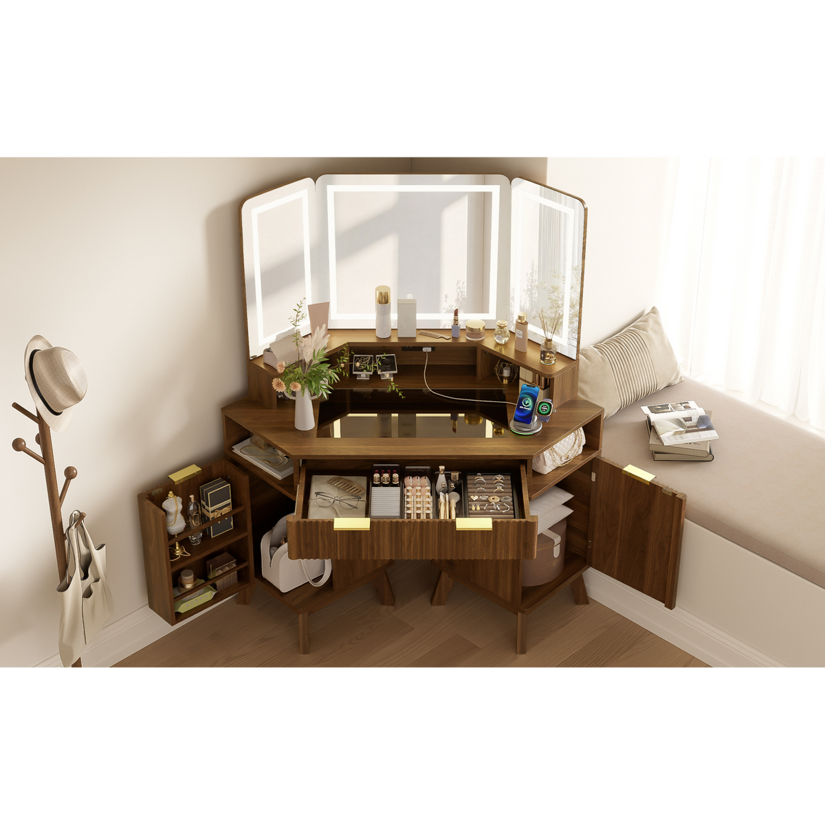 variant-group:rf-n704p392485p|Roomfitters 47.2" Corner Makeup Vanity Desk with 3-Panel LED Mirror, Glass Top, Charging Station and Storage Hutch, Walnut