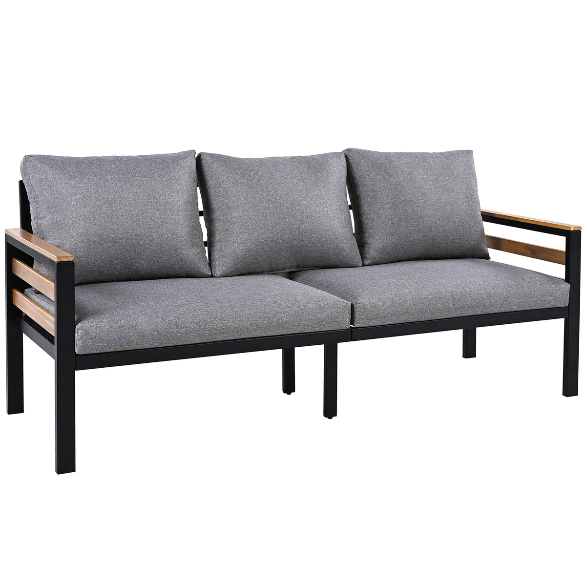 variant-group:rf-n704f201246e|Roomfitters 4-Piece Outdoor Patio Furniture Set with 3-Seater Sofa, 2 Armchairs and Coffee Table, Wood Accents, Grey