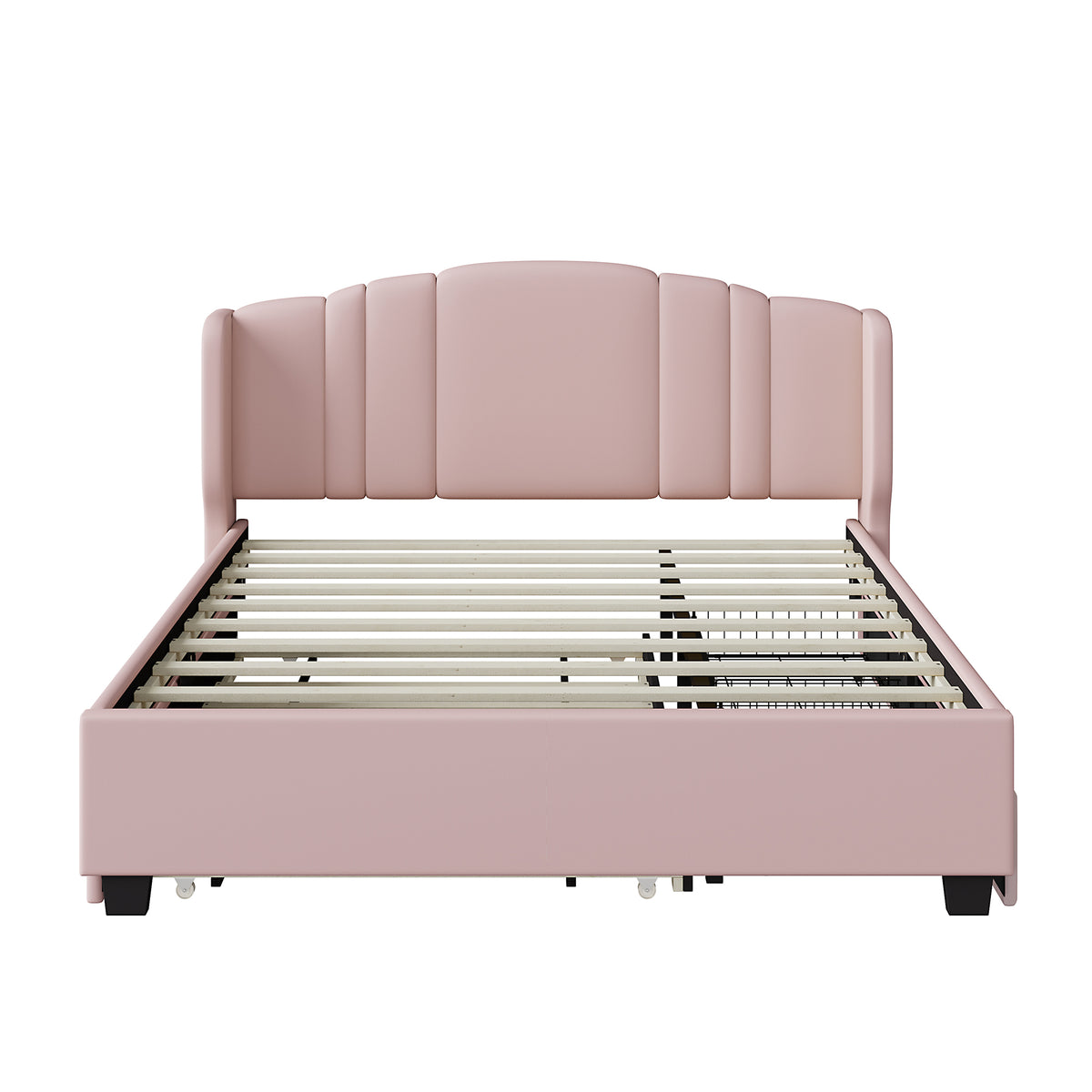 variant-group:rf-n733s208132h|Roomfitters Twin Size Trundle Upholstered Platform Bed with Wingback Headboard and 2 Drawers, No Box Spring Needed, Linen Fabric, Queen Size, Pink