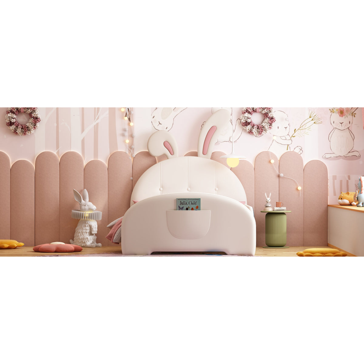 variant-group:rf-n733p198764k|Roomfitters Rabbit-Shaped Princess Twin Platform Bed with Upholstered Headboard and Footboard, White