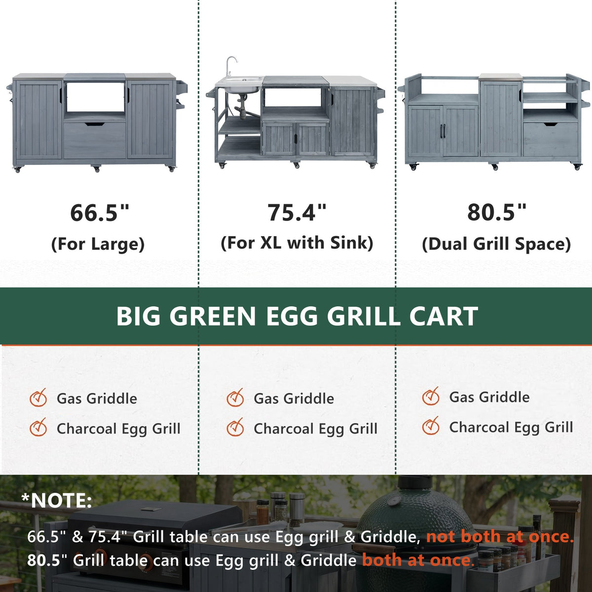variant-group:rf-n707p392140g|Roomfitters 80.5" Extra Large Grill Cart, Outdoor Kitchen Prep Station with Stainless Steel Top & Kamado Grill Stand, Grey+Blue