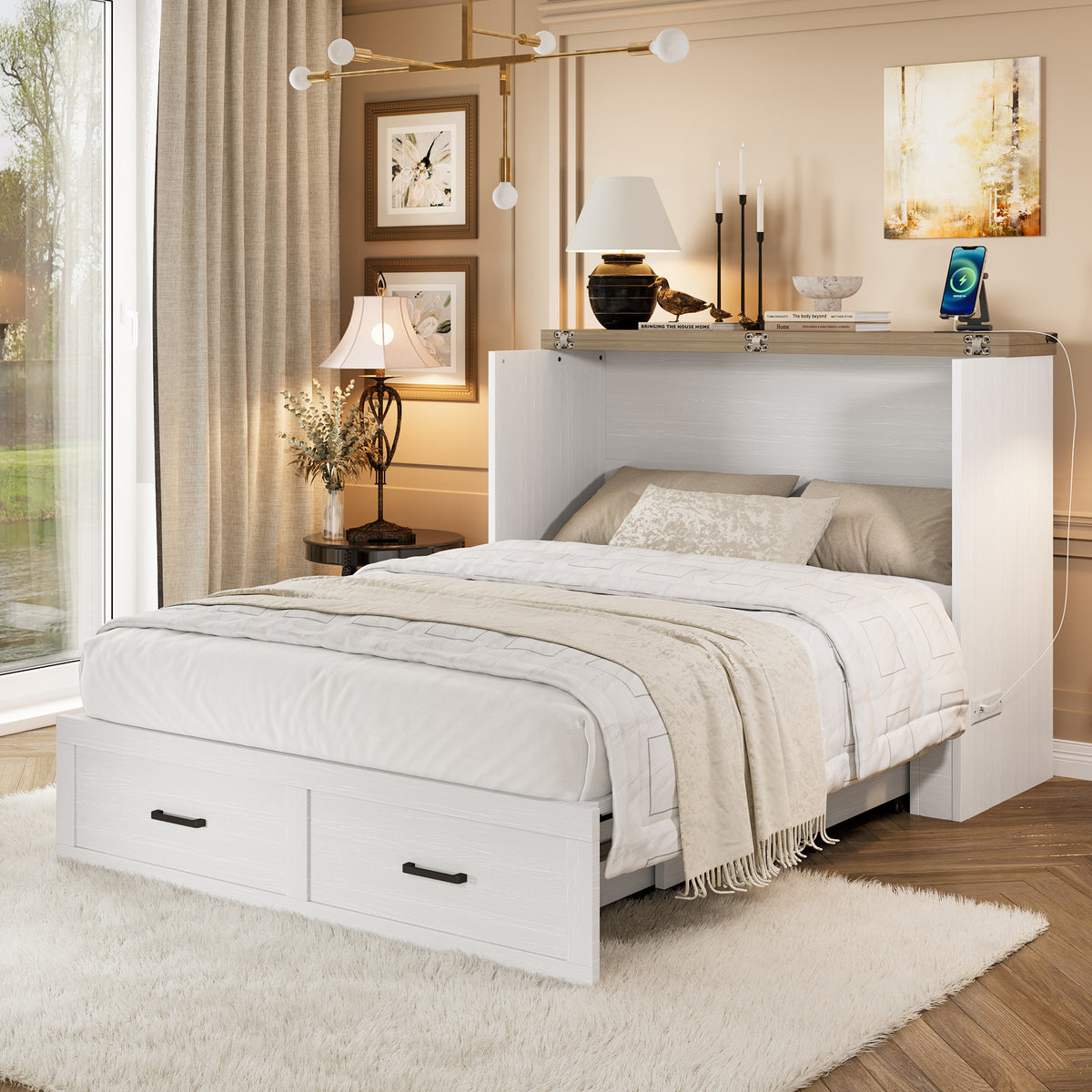 variant-group:rf-n733s293995w|Roomfitters Full Size Murphy Bed Cabinet with Charging Station, Foldable Platform Bed with Storage Drawer, White