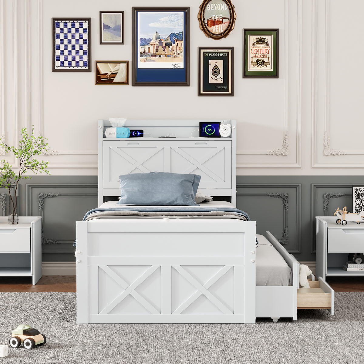 variant-group:rf-n733s172839k|Roomfitters Twin Size Wooden Bed with Storage Headboard, Functional Outlets, Extendable Frame with Twin Trundle and Smart Storage, White