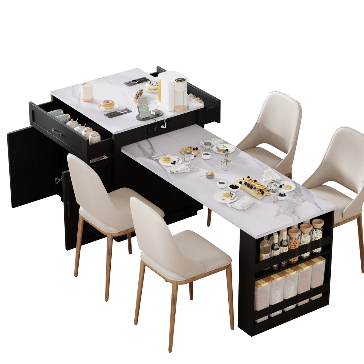 variant-group:rf-n707s000010b|Roomfitters 82.7" Kitchen Island with Extendable Table, Faux Marble Top, Double Storage, Power Outlet, Black