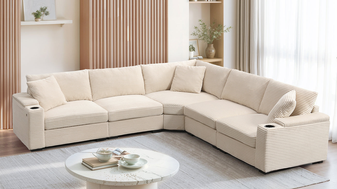 variant-group:rf-n723s1187a|Roomfitters 104 Inch Modern L-Shaped Sectional Sofa with Cup Holders, Comfortable Corduroy Upholstered Corner Couch, Beige
