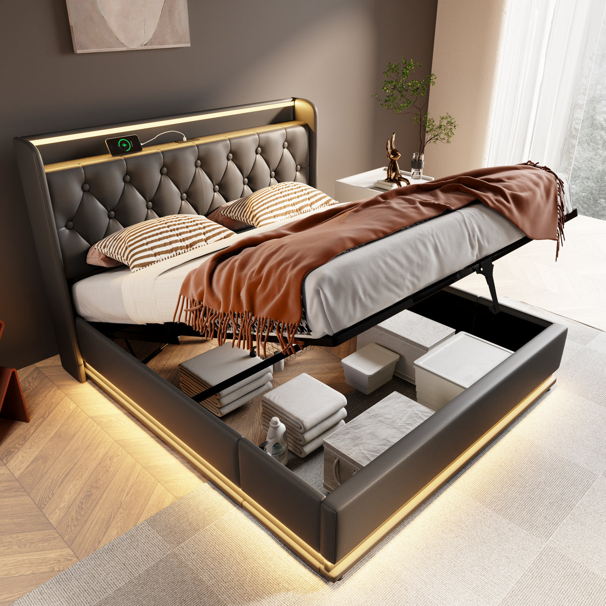 variant-group:rf-n736p188806b|Roomfitters Full Size Upholstered Storage Bed with USB Type-C Charging and Remote Control, Faux Leather Black