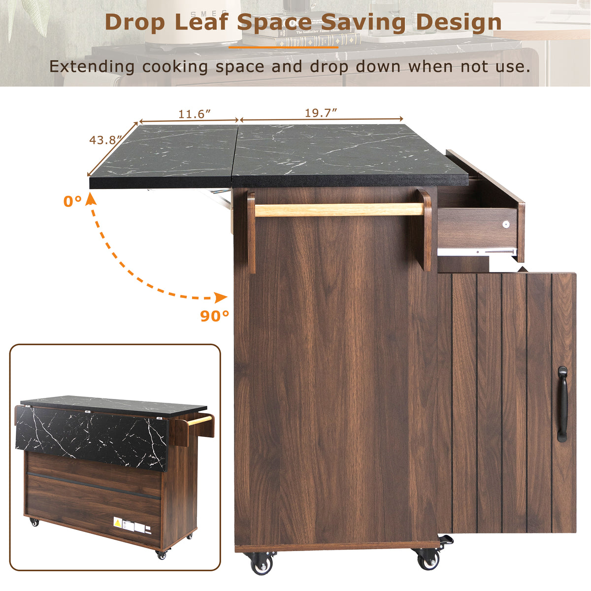 variant-group:rf-n707wf326381aaz|Roomfitters Kitchen Island with Trash Can Storage Cabinet, Grey - Drop Leaf, Spice Rack, Towel Rack, Drawer, Adjustable Shelf, Rolling Island on Wheels, Walnut Brown