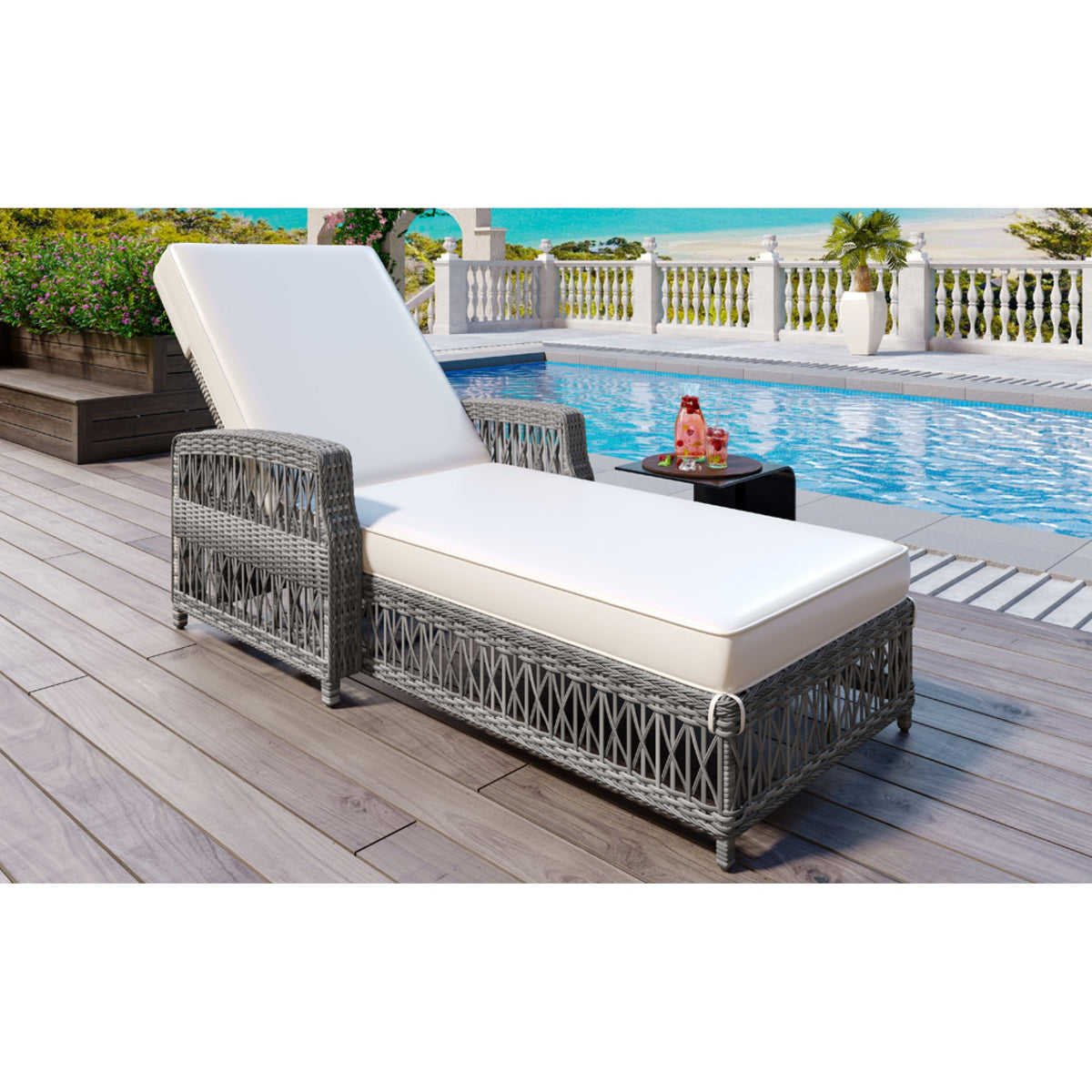 Roomfitters Outdoor Reclining Chaise, Wicker Lounge Chair with Armrests & Soft Cushions, Adjustable Poolside Recliner, Beige Roomfitters