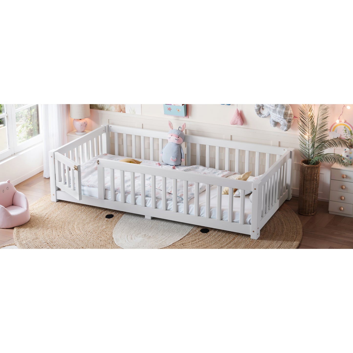 variant-group:rf-w1580p462311|Roomfitters Twin Size Wooden Floor Bed Frame with Safety Guardrails Door, Solid Wood Low Profile Toddler Play Bed, White