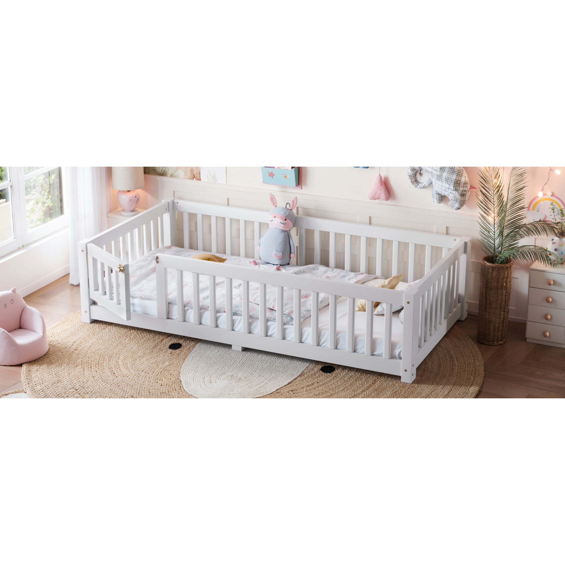 variant-group:rf-w1580p462311|Roomfitters Twin Size Wooden Floor Bed Frame with Safety Guardrails Door, Solid Wood Low Profile Toddler Play Bed, White