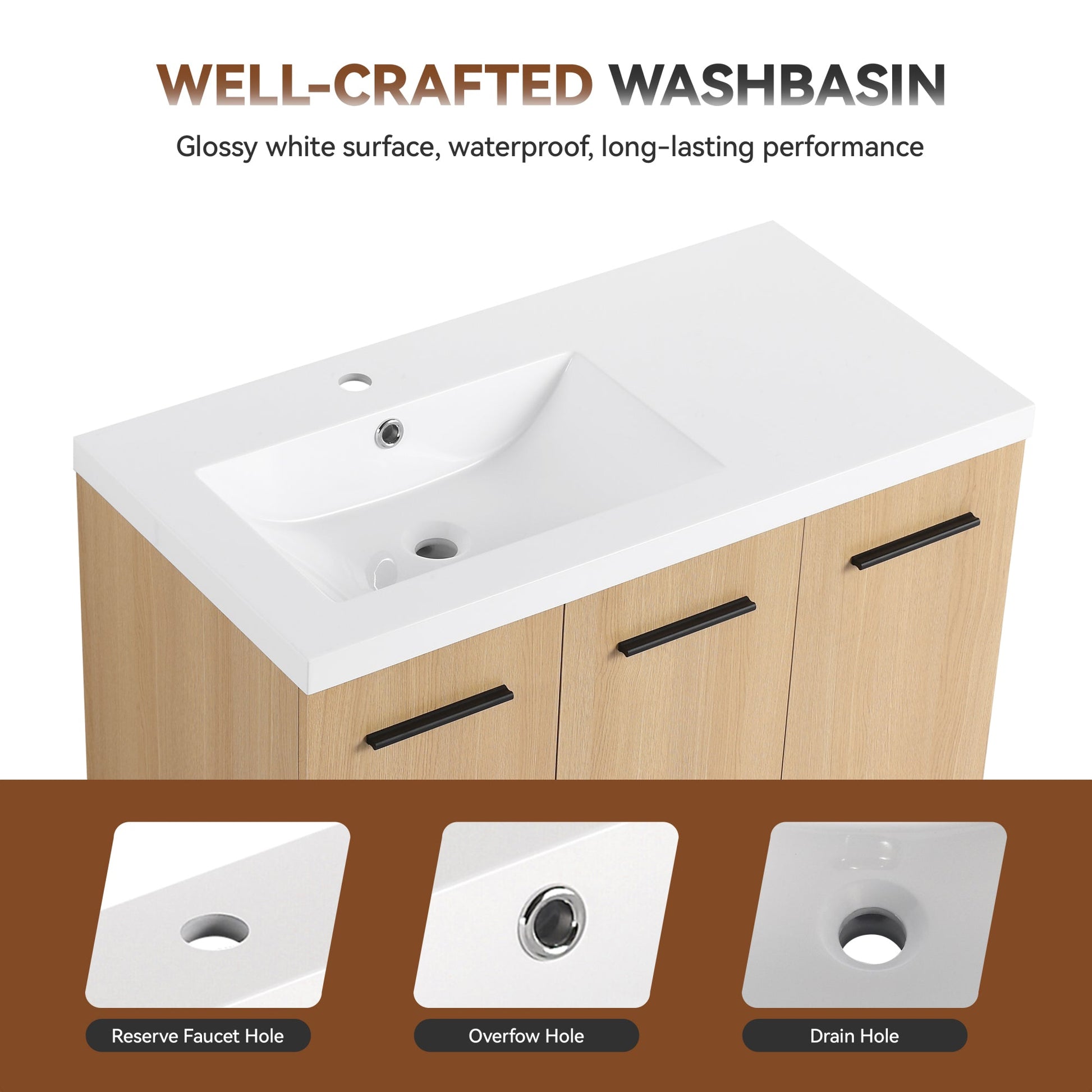 36" Wall-Mounted Floating Bathroom Vanity with Sink, Light Oak, 3-Door Modular Cabinet (2-Door + 1-Door), Gel Coat Integrated Sink Top, 3 Boxes, Ready-to-Assemble Roomfitters