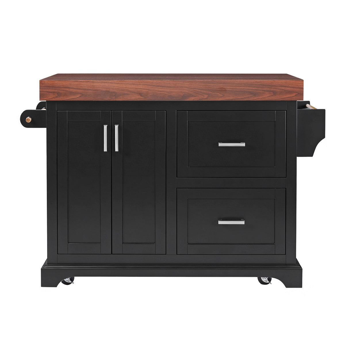 variant-group:rf-n707s000025b|Roomfitters 53" Kitchen Island with Butcher Block Top, Storage Cabinet with Drawers, Spice Rack and Towel Holder, Black