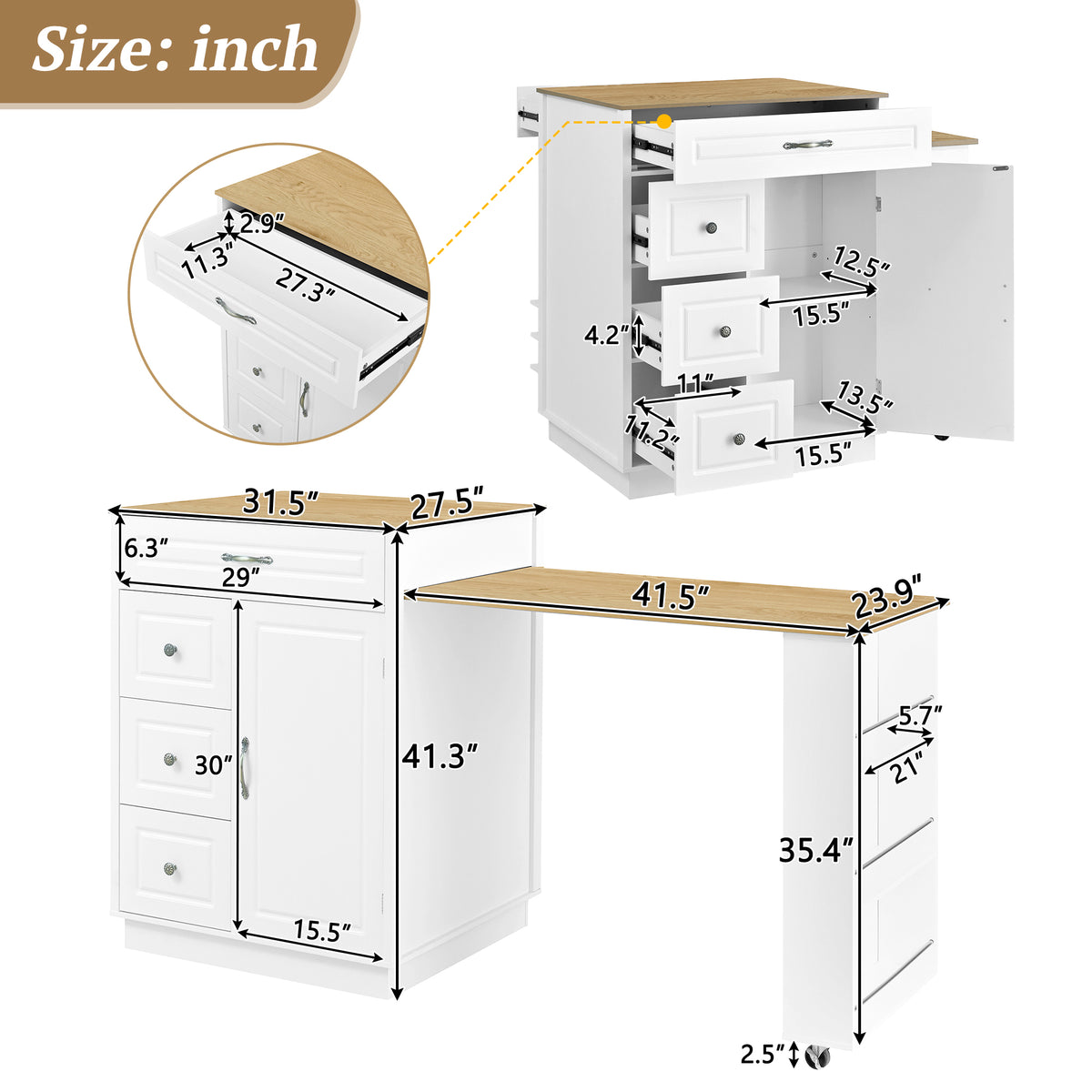 variant-group:rf-n711wy000493aak|Roomfitters White and Natural Wood MDF Extendable Bar Cabinet, Rolling Kitchen Island Table, Wine Rack Storage