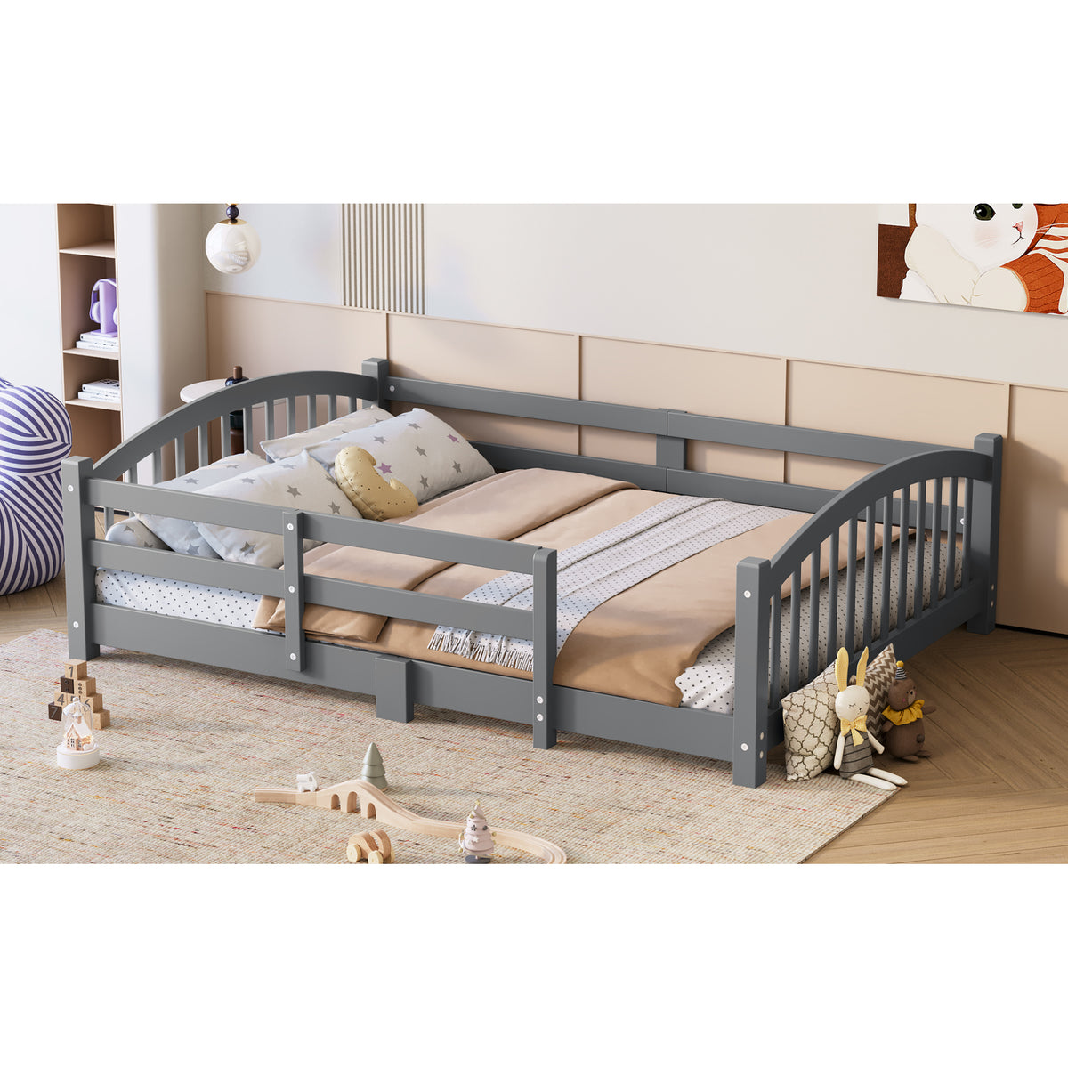 variant-group:rf-n733p400299e|Roomfitters Full Montessori Floor Bed with Guardrails, Solid Wood Low Platform Bed with Slats, Easy Assembly, Gray