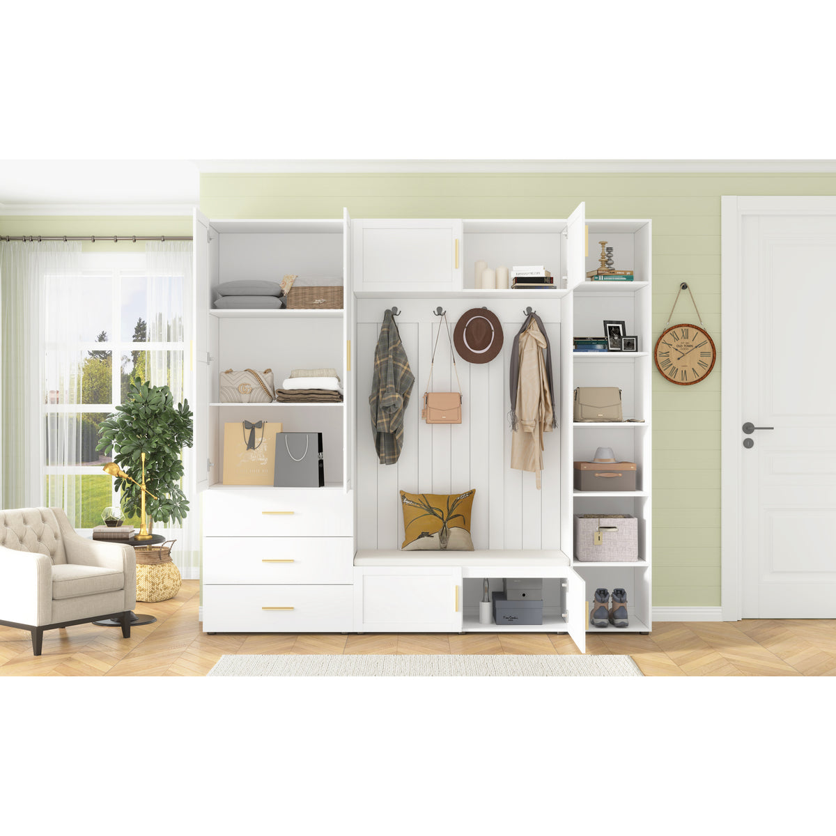 variant-group:rf-n724sj000167aak|Roomfitters American Style Extra-Wide Hall Tree with Padded Cushion Seat, Ancient White
