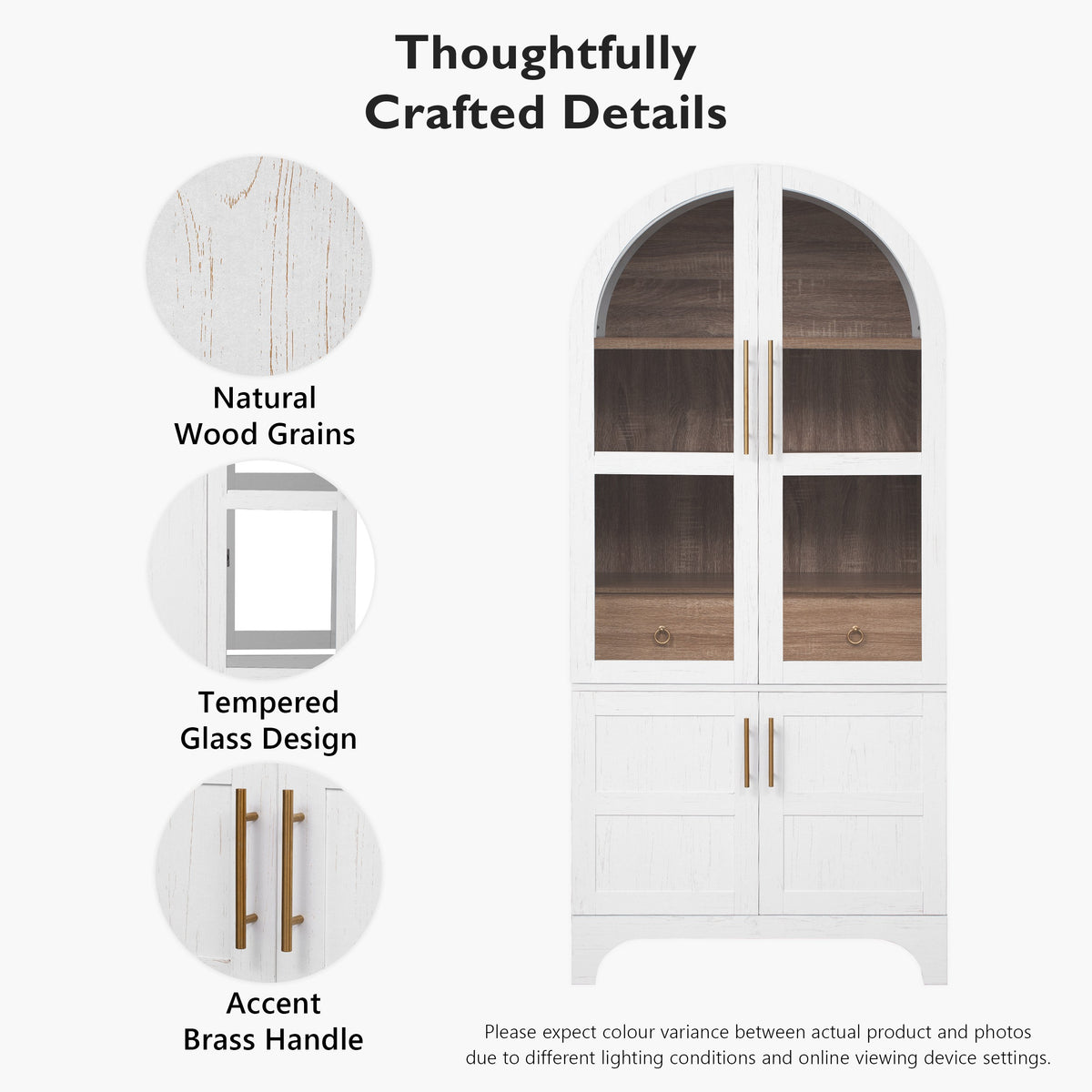 variant-group:rf-n707s288969w|Roomfitters 71" Pantry Cabinet with Arched Top & Glass Doors, 4-Door Storage Hutch with Adjustable Shelves for Kitchen, White