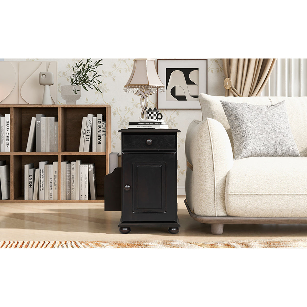variant-group:rf-n724p293133p|Roomfitters Vintage Sofa Side Table with USB Ports, Flip Top, Cup Holders and Bookshelf Storage for Small Spaces, Espresso