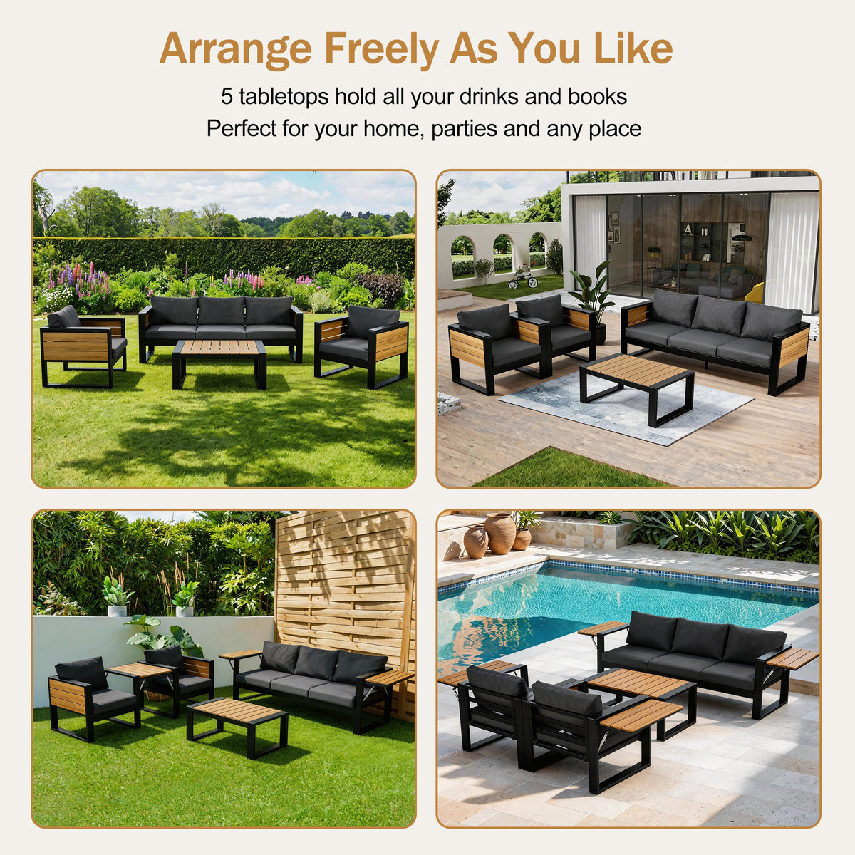 variant-group:rf-n704g201257e|Roomfitters 4-Piece Aluminum Patio Conversation Set with Four Fold-Out Side Trays and Slatted Coffee Table Gray