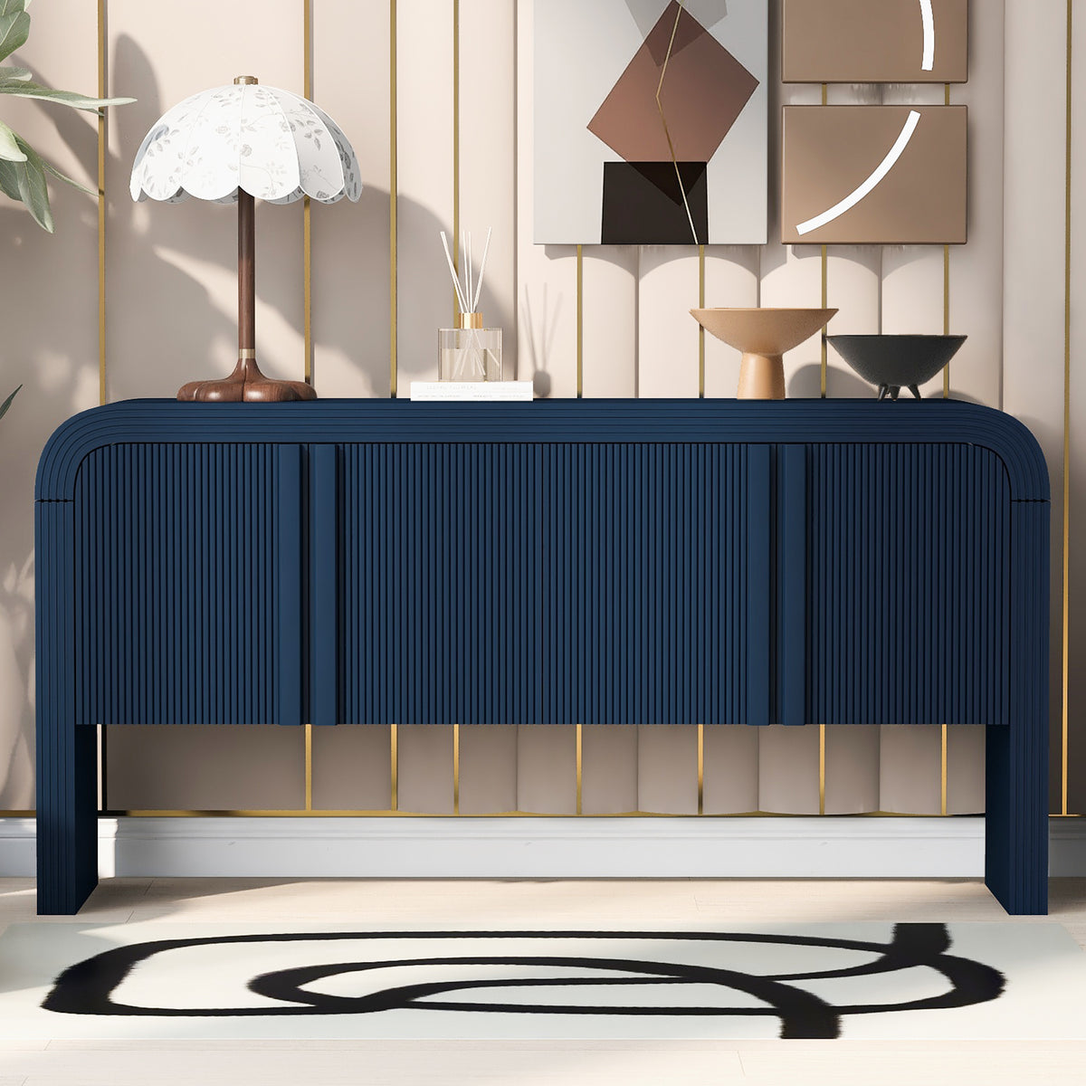 variant-group:rf-n711p415846v|Roomfitters Modern Rustic Navy Blue Curved Wave Pattern Console Table with Adjustable Storage Shelf and Elegant Wooden Handles