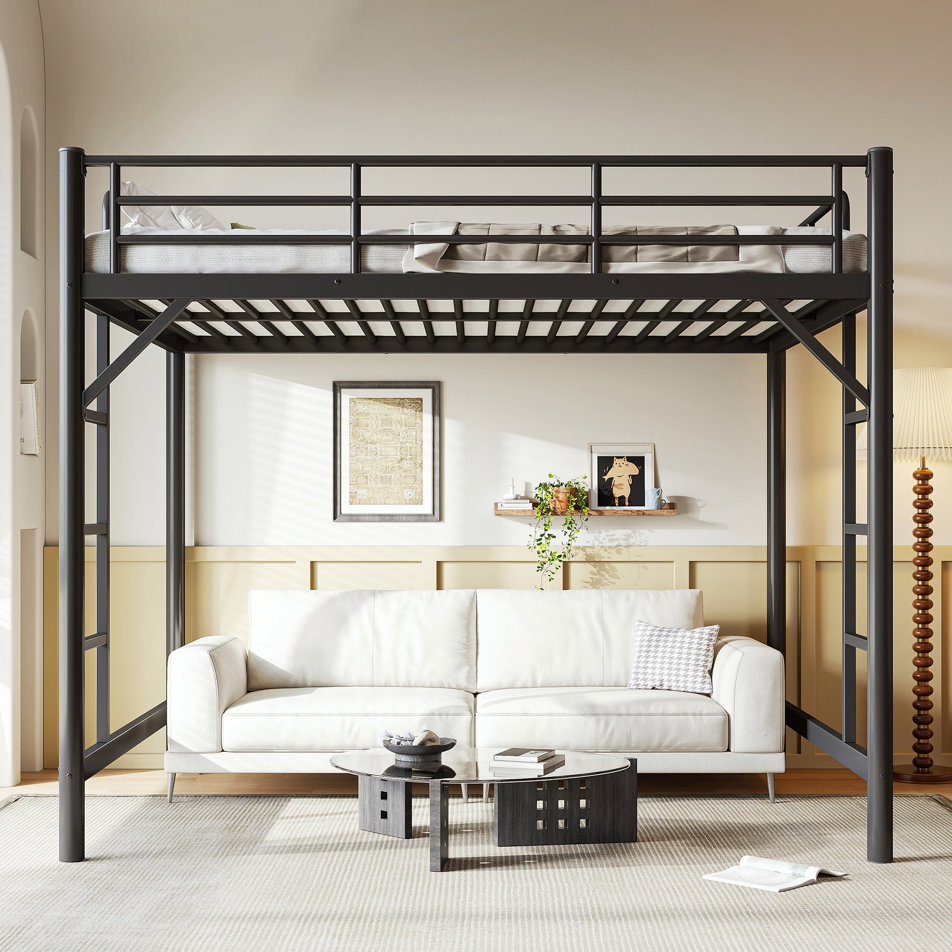 variant-group:rf-w1580p455017|Roomfitters Queen Size Metal Loft Bed Frame with Guardrails, Heavy Duty Space Saving High Loft Bed Dual Ladders, Black