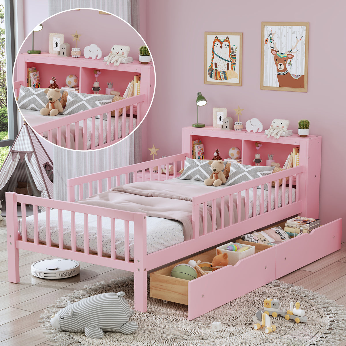 variant-group:rf-n733p272374h|Roomfitters Twin Bed with Headboard Storage Rack, Under-Bed Storage and Three-Side Guardrails, Pink