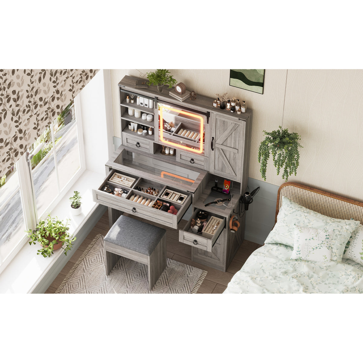 variant-group:rf-n733p340562g|Roomfitters Farmhouse Vanity Desk with Sliding Mirror & Lights, Glass Top, Charging Station, 4 Drawers, 2 Cabinets, Stool, Gray