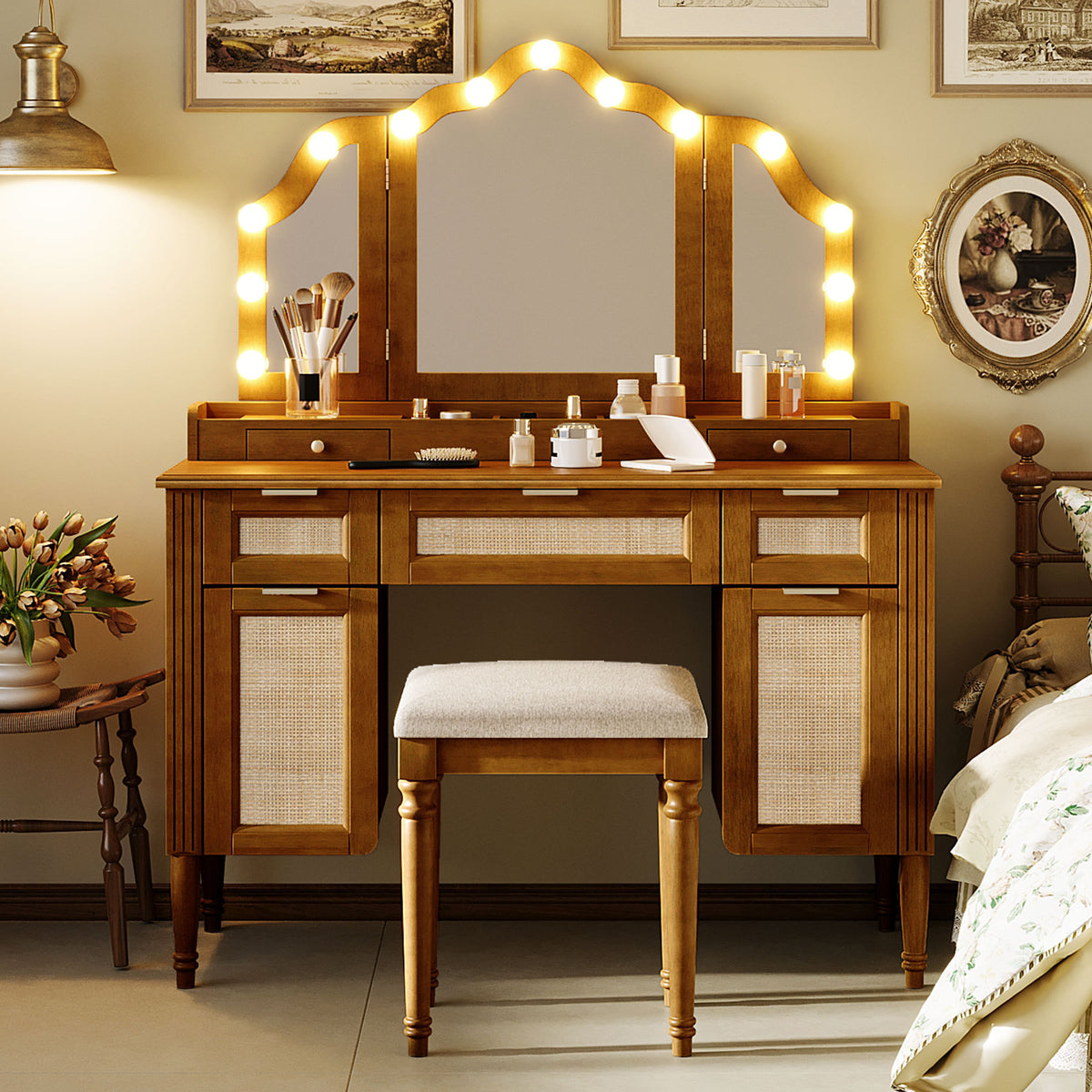 variant-group:rf-n704p342558p|Roomfitters 44-Inch Bohemian Makeup Vanity Desk with 13 Hollywood Bulbs Tri-Fold Mirror and Bamboo Drawers Espresso