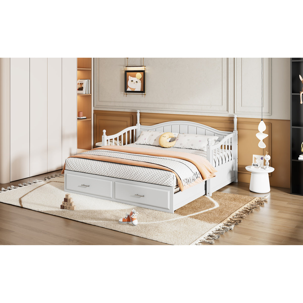 variant-group:rf-n733s173459k|Roomfitters Wooden Twin Size Daybed with Extendable Frame, Twin Trundle and Additional Storage Drawers, White