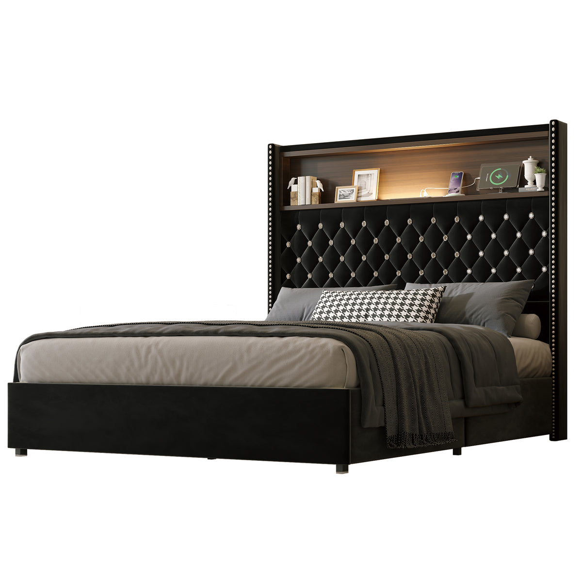 variant-group:rf-n733p368653b|Roomfitters Full Velvet Tufted Platform Bed with Charging Ports, Tall Wingback Headboard with Rivet Trim and Shelf, Black