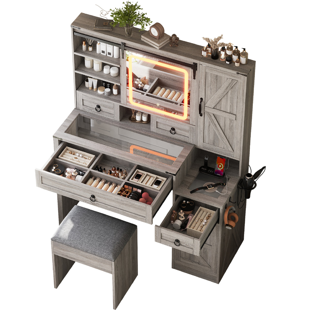 variant-group:rf-n733p340562g|Roomfitters Farmhouse Vanity Desk with Sliding Mirror & Lights, Glass Top, Charging Station, 4 Drawers, 2 Cabinets, Stool, Gray
