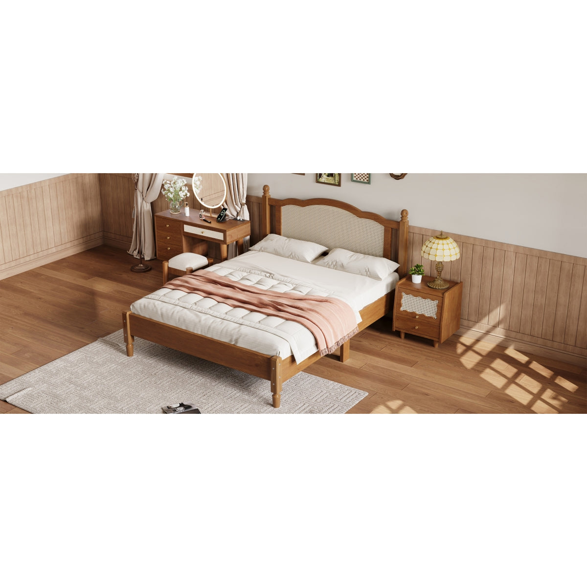 variant-group:rf-n733p180013d|Roomfitters Queen Size Wooden Platform Bed with Natural Rattan Headboard, Stylish Vintage Bed Frame with Durable Wooden Slat Support for a Sophisticated Look, Walnut