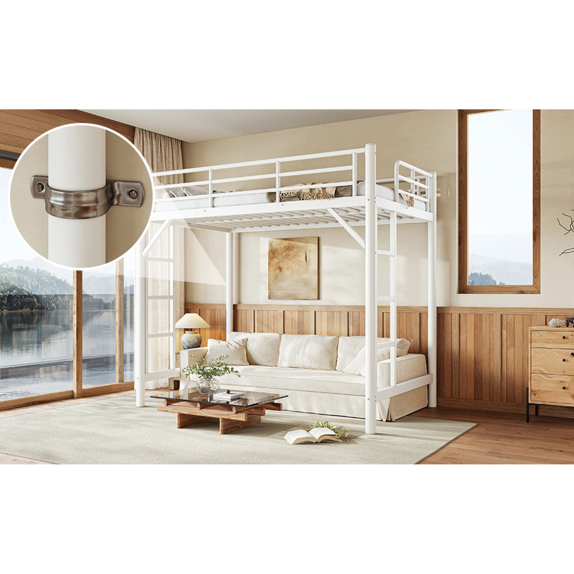 variant-group:rf-w1580p455012|Roomfitters Twin Size Metal Loft Bed Frame with Guardrails, Heavy Duty Space Saving High Loft Bed Dual Ladders, White